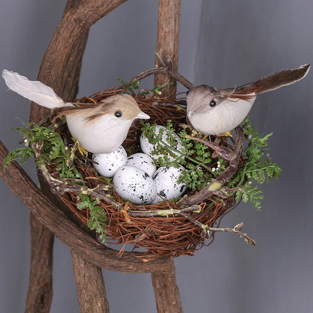 Lot De 4 Nids D'oiseaux En Rotin (15cm) Avec œufs En Mousse - Décoration Printemps, Pâques, Table - Artificiel, Aspect Naturel