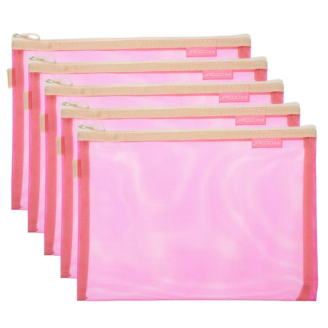 5pcs Mesh Cosmetic Bags, A5 Nylon Zipper Bag Travel Toiletry Pouch, Pink