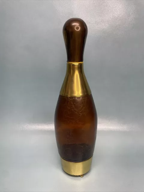 Vintage Mcm Bowling Pin Brass & Glass Musical Liquor Decanter Plays How Dry I Am