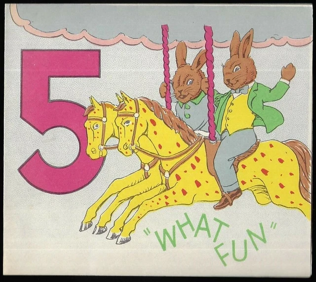 Vintage Mia Birthday Greetings Card Fantasy Rabbits Merry Go Round Horses Fox