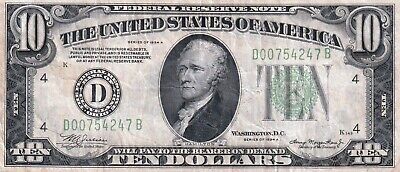 1934 A Ten Dollar $10 Note Bill Cleveland Fed Res Green Seal Low SN D00754247B