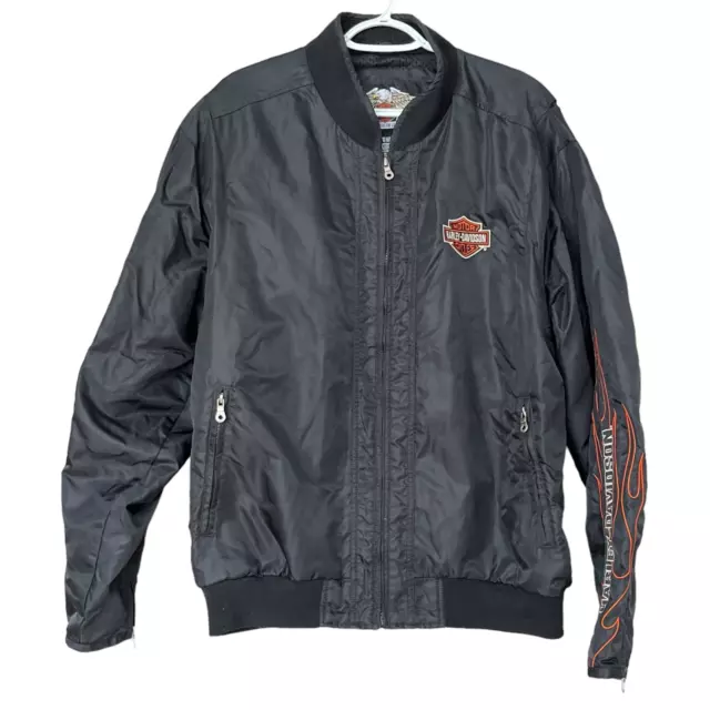 Harley Davidson Mens Nylon Bomber Jacket Size XL Black Embroidered Riding Flames