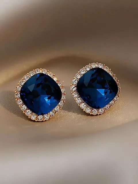 Cushion Lab-Created Blue Sapphire Diamond Stud Earrings 14K Yellow Gold Plated