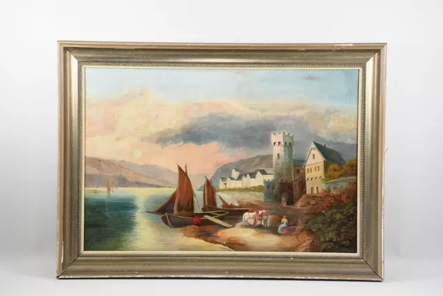 J61X08- Gemälde, Seeufer mit Fischerbooten und Personen