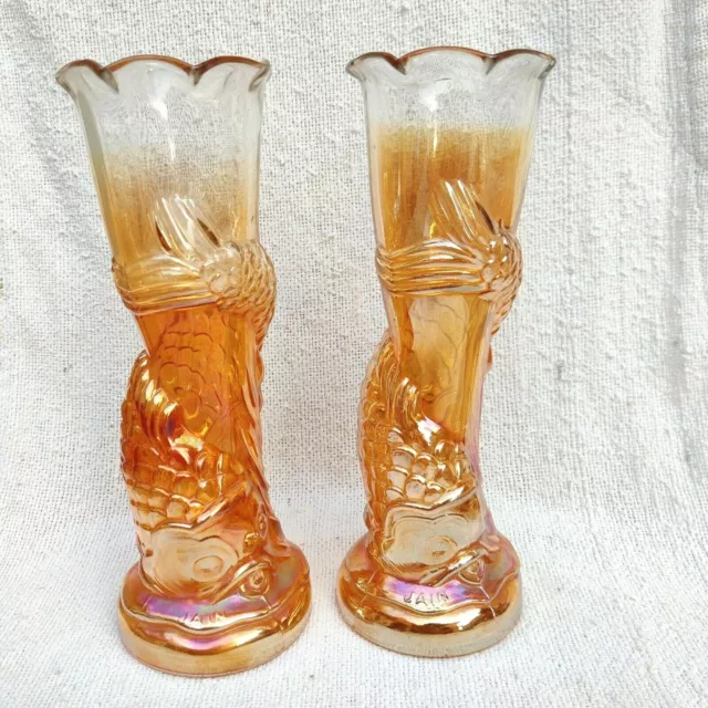 Vintage Flower Vase Pair Carnival Glass Marigold Fish Design 9.7 Decorative GV95 2