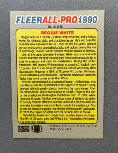 1990 FLEER FOOTBALL Reggie White 1990 All-Pro #16 HOF Philadelphia ...