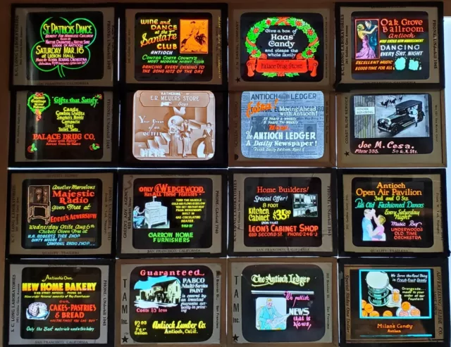 Lot of 28 Antique Magic Lantern Glass Slides Color Cinema Advertisement -ANTIOCH