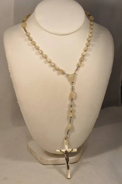 CHAPELET ANCIEN NACRE ARGENT MASSIF ANTIQUE MOTHER OF PEARL SILVER ROSARY 19th c
