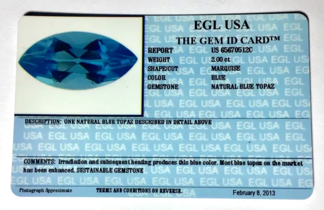 Egl Usa Certified Blue Color Natural Topaz 2.00 Ct Marquise Shape Gemstone