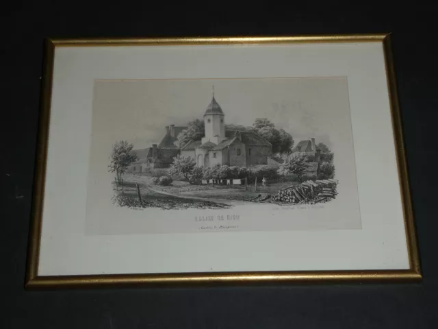 Lithographie, Eglise de Diou, J Bariau , encadrée. Collection Allier, 1852