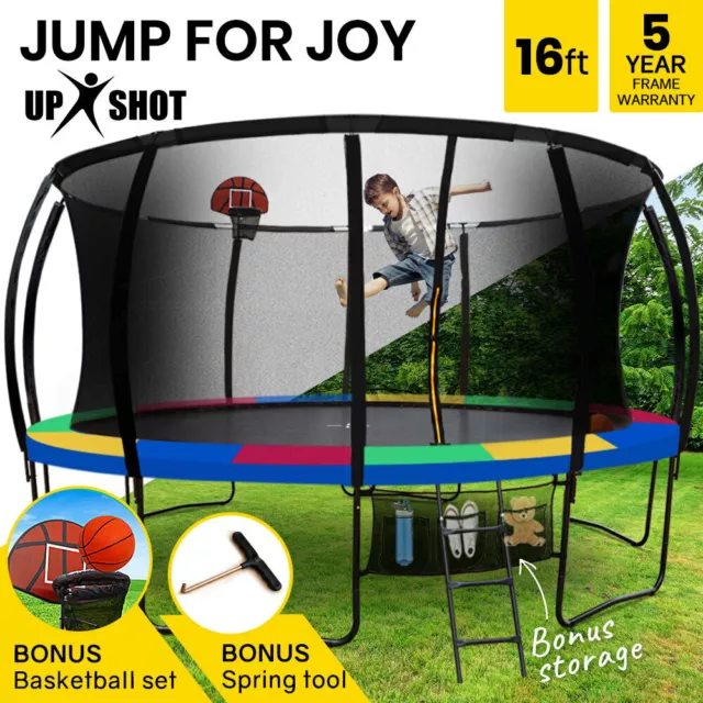 UP-SHOT 16ft Round Kids Trampoline Curved Pole Basketball Set Black Multi-colour