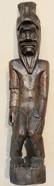 Vtg Hand Carved Wooden Mayan Aztec Inca Head Dress Figure Statue Tiki  34 1/4" T