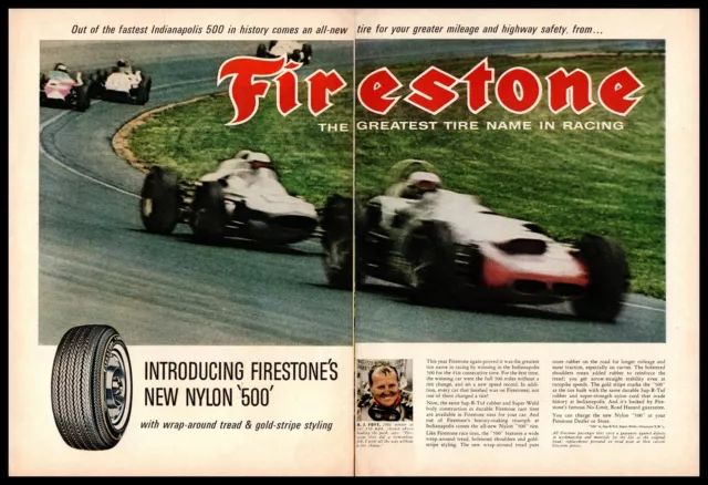 1964 Firestone Nylon 500 Racing Tires A. J. Foyt Indy 500 Winner 2-Page Print Ad