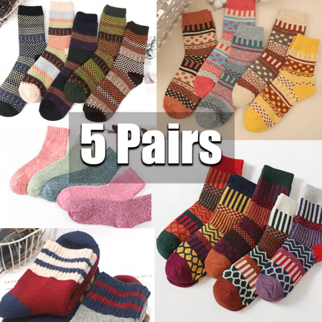 5 Pairs Womens Cozy Socks Wool Thermal Warm Knitting Nordic Ladies Socks Winter