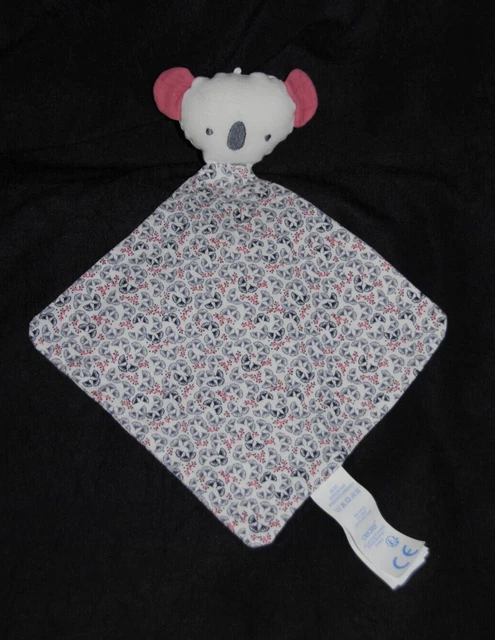 Doudou plat koala coton blanc imprimé OKAIDI OBAIBI ours nez gris rose Etat NEUF