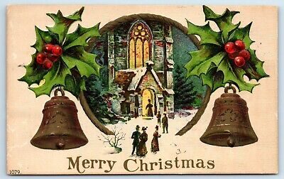 Postcard Merry Christmas bells holly winter scene church embossed 1908 J98