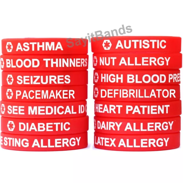 2 Red Medical Alert Wristband Bracelets - Two Med Condition Silicone Alert Bands