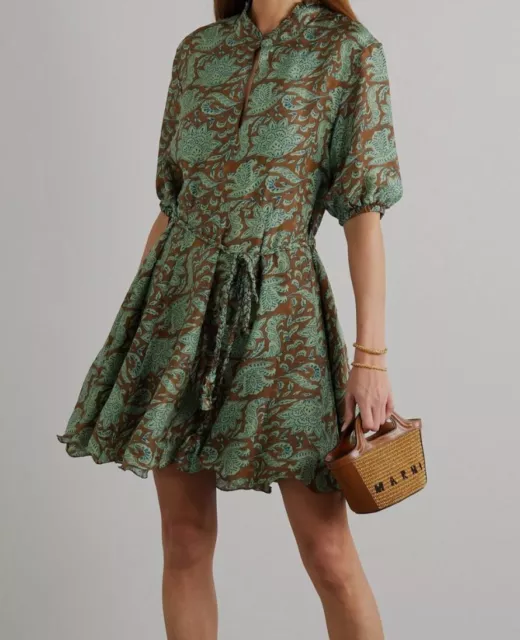 $535 Hannah Artwear Women's Green Belted Floral Silk Habotai Mini Dress Size 0