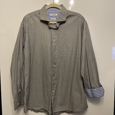 Isaac Mizrahi NY Mens Slim Fit Flip Cuff Dress Shirt Size 17.5 34/35 Blue Check