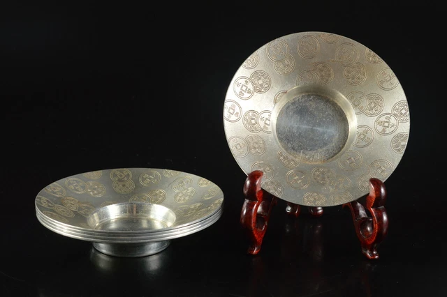 G2672: Japanese Tin Old Money sculpture TEA CUP TRAY Saucer Chataku 5pcs, auto