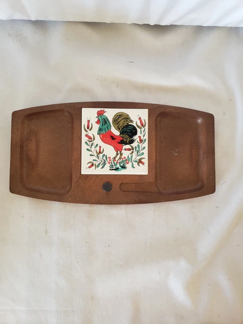 Vintage Teak Wood Cheese and Crackers Tile Cutting Board Snack Tray rooster