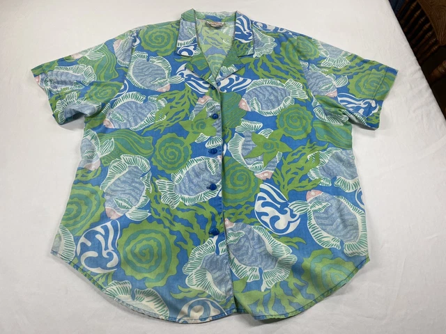 Vintage 90s Sunny Lady Fish Shell Button Up Knit Shirt 22W Summer Rayon Poly Vtg