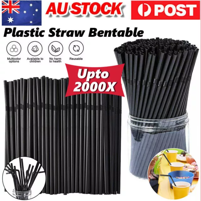 Up to 2000x Black Drinking Straw Plastic Bendable Party Straws Straight Bulk AU