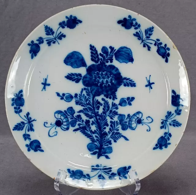 18th Century English Bristol Delft Hand Painted Blue Floral Plate Circa 1730