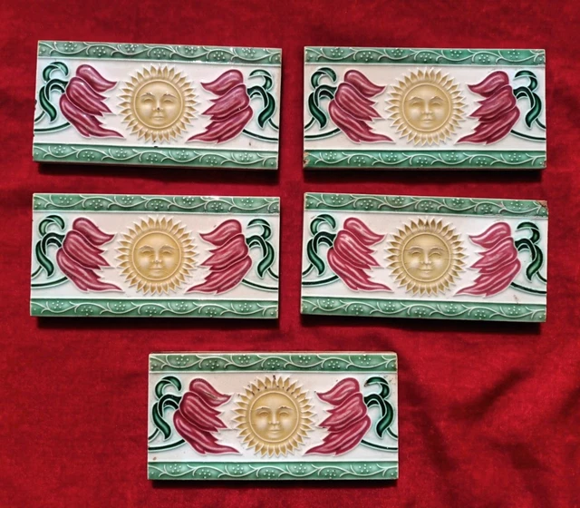 5 Piece Lot Art Deco Floral Design Used Majolica Ceramic Tiles Japan 0300 4