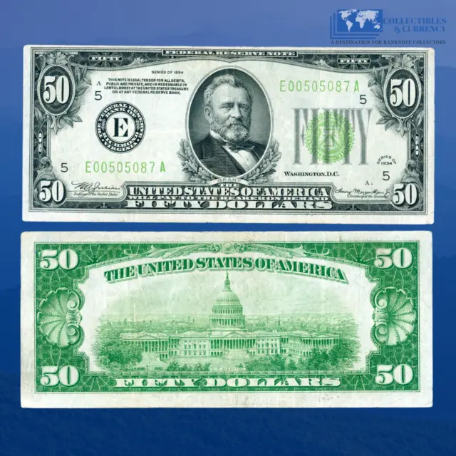 1934 $50 Federal Reserve Note Richmond, Lime Green Seal, VF #05087
