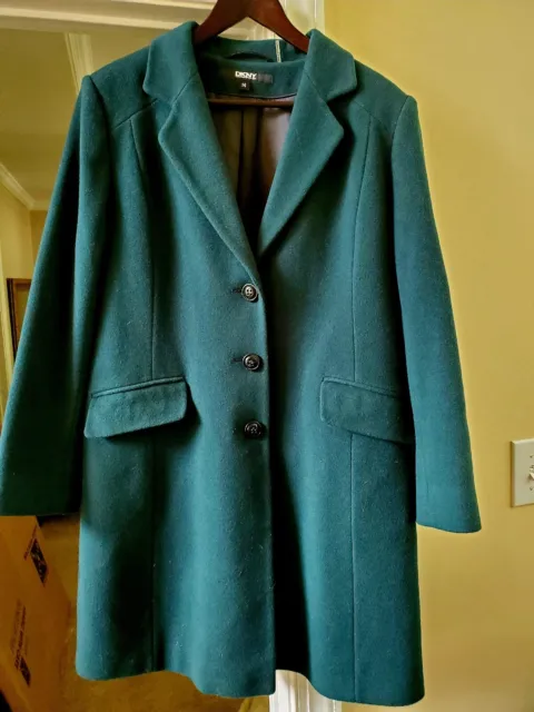 NWOT DKNY Forest Green WALKER COAT Notched Collar Wool Trench Peacoat Sz 14 $315