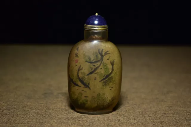 Chinese Antiques Old Beijing Glaze Inside Painting Fish Exquisite Snuff Bottle