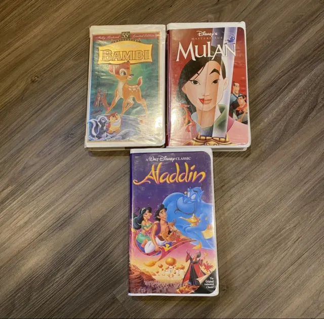 3 Pack Classic Disney VHS Movies: Bambi, Mulan & Aladdin