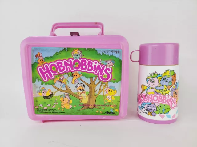 Vintage 1989 Aladdin Hobnobbins Plastic Lunch Box With Thermos Playskool Pink