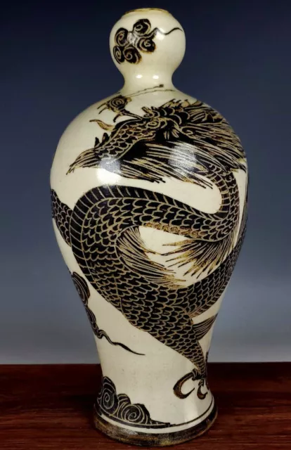 11" Old China Song Dynasty CiZhou Kiln Porcelain Dragon Totem Zun Vase Bottle