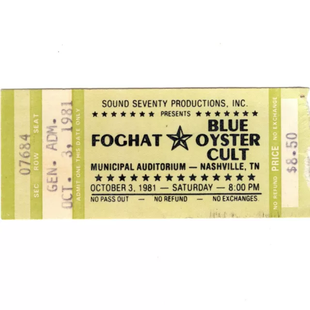 FOGHAT & BLUE OYSTER CULT Concert Ticket Stub NASHVILLE 10/3/81 SLOW RIDE Rare