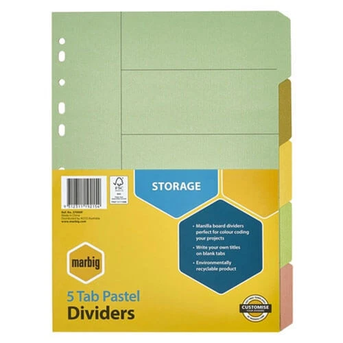 PASTEL Marbig 5 Tab Manilla Dividers A4 Plastic Reinforced Tabs Premium Quality