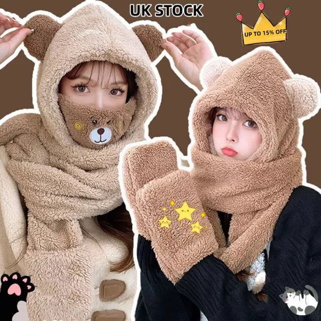 Cute Hat Scarf Gloves Mask 4 In 1 Set Bear Ear Fleece Winter Warm Hooded Earflap