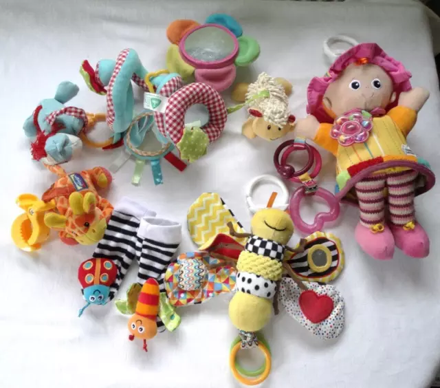 Mixed Lot Of Lamaze And Other Baby Toys, Rattles, Sensory Crinkly Doll