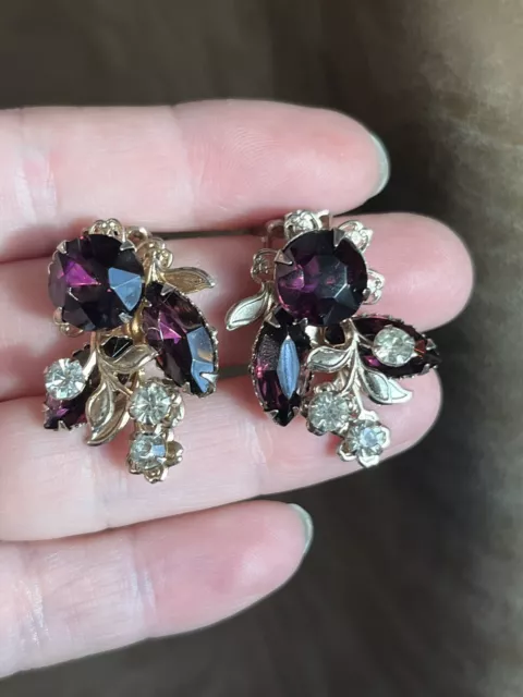 VINTAGE PURPLE AMETHYST Color Large Rhinestone Flower Clip Earrings ...