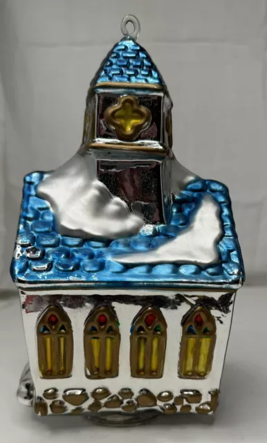 Vintage Dept 56 Mercury Glass Steepled Church Ornament Hand Painted 2