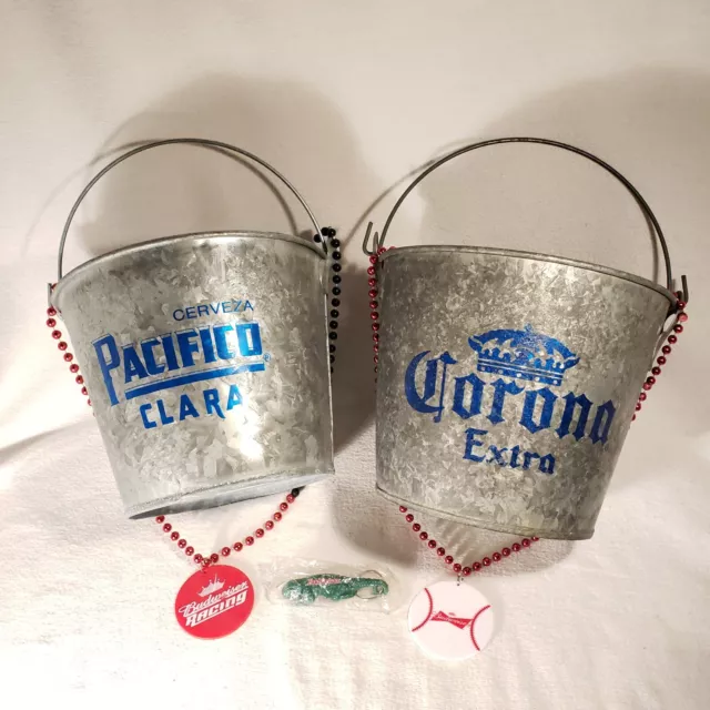 Corona Extra & Pacifico Clara Metal Beer Bottle Bucket Pails w/ Rare Promo Merch