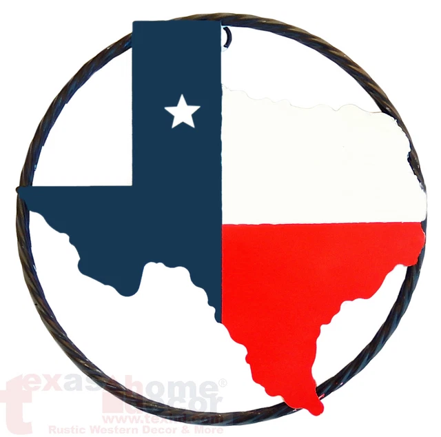 9" Western Rustic Texas Map Outline Flag Star Twisted Wire Ring Wall Sign Plaque