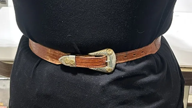 Vintage Justin Genuine Lizard Belt w/ Nickel Silver And Gold Tone Flower Buckle.