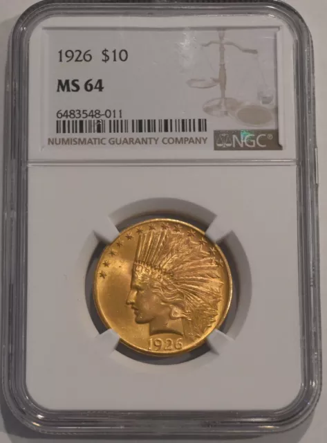 1926   $10 GOLD INDIAN EAGLE NGC MS64  Free shipping!!!