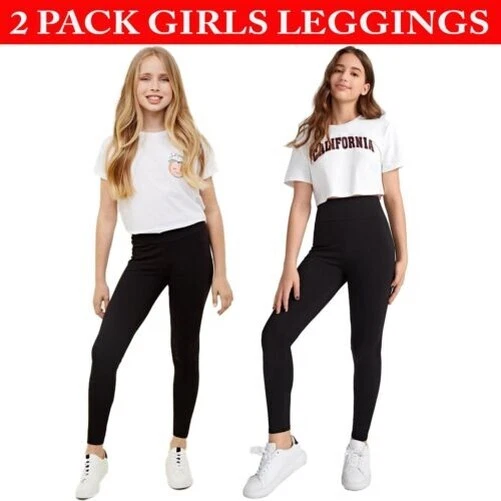 Leggings Bambine Nero 2 Confezione Cotone Scuola Lunghezza Intera Età 3-13
