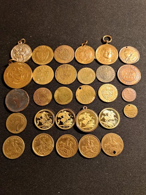 Job Lot Of Old Victorian And Other Old Coins Medals Gaming Tokens