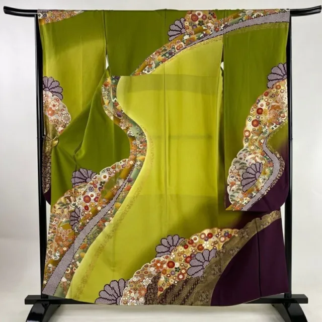 Japanese Kimono Furisode Pure Silk Lined Pine Bamboo Plum Foil Dyeing Yellow