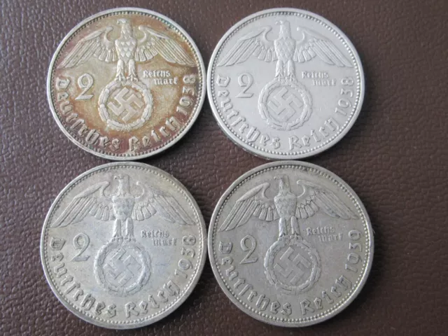 Nazi Germany , 4 x Silver 2 Mark Swastika coins 1938 - 1939
