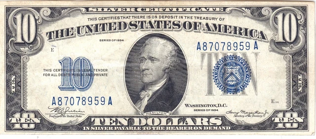 1934  10.00 Silver Certificate Note. Paper Money, Currency